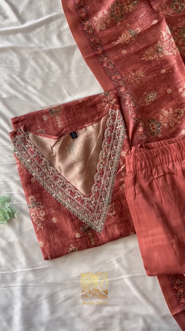 Uppada silk kurta Set with embroidered V neckline Shatoon stitched pant Uppada silk duppata(RUST)